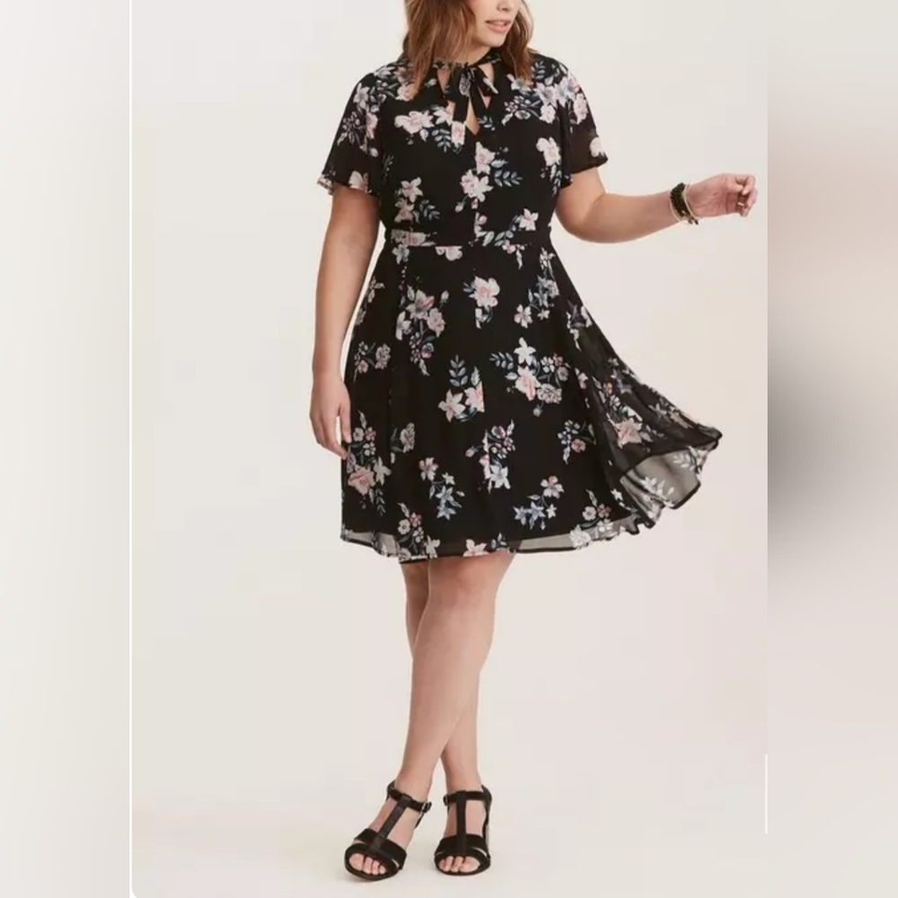 Torrid Floral Print Black Chiffon Skater Dress